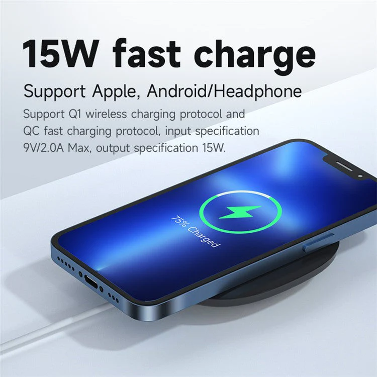 YN-101 15W Fast Wireless Charger with LED Indicator, Slim Mini Charging Pad - White - Image 2
