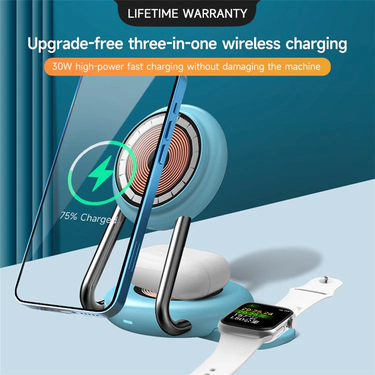 YN-21 3-in-1 15W Magnetic Wireless Charger Desktop Charging Stand for Cell Phone, Watch, Headset - Black - Image 2