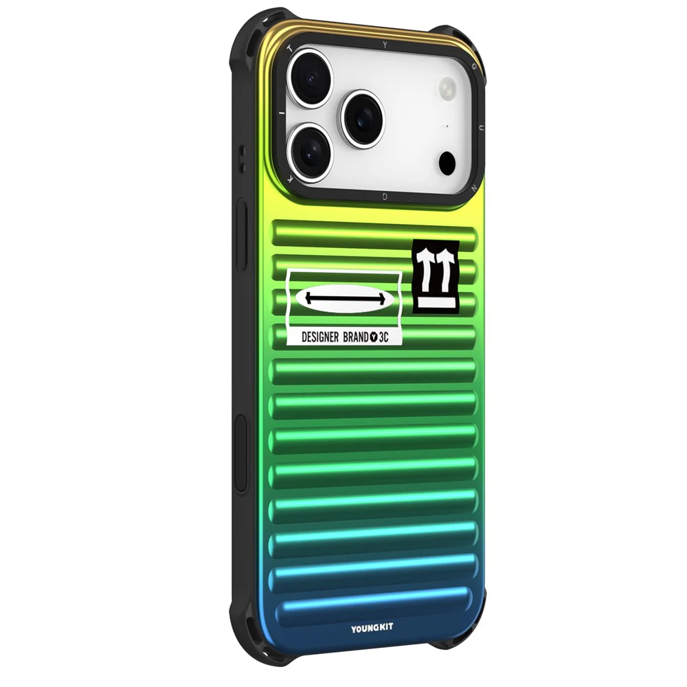 YOUNGKIT For iPhone 17 Pro Max Case Suitcase Style TPU + Aluminium Alloy Laser Gradient Phone Cover - Orange / Green / Blue