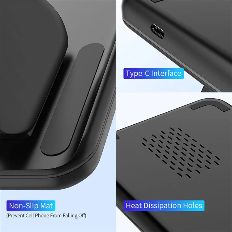 Z5 Upgraded 3-in-1 15W Wireless Charger Qi Fast Charging Stand Dock for iPhone Android iWatch AirPods - Black - Image 7