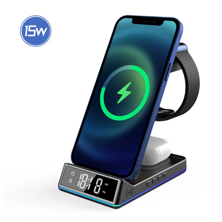 Z6 Foldable 5-in-1 15W Magnetic Wireless Charger with Flashy Atmosphere Light/Digital Clock Multi-Function Wireless Charging Stand - Image 2
