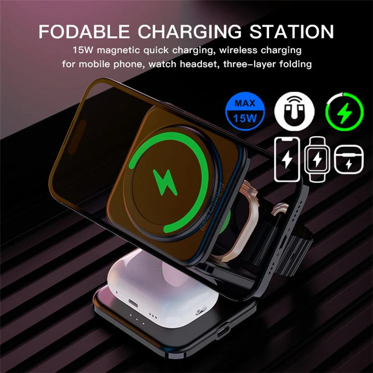 Z8 3-in-1 Foldable Charging Station 15W Magnetic Wireless Charger with Adjustable Angles - Black - Image 2