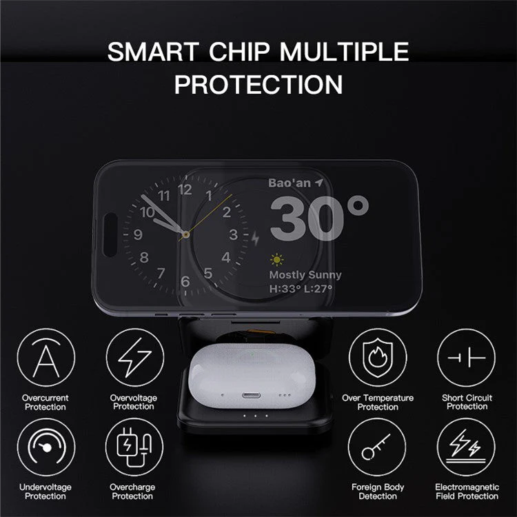 Z8 3-in-1 Foldable Charging Station 15W Magnetic Wireless Charger with Adjustable Angles - Black - Image 8