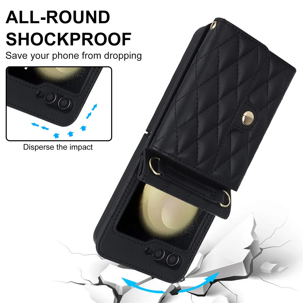 ZD 03 for Samsung Galaxy Z Flip7 FE 5G / Z Flip6 5G Case Bag Design PU Leather Crossbody Phone Cover RFID Blocking - Black - Image 3