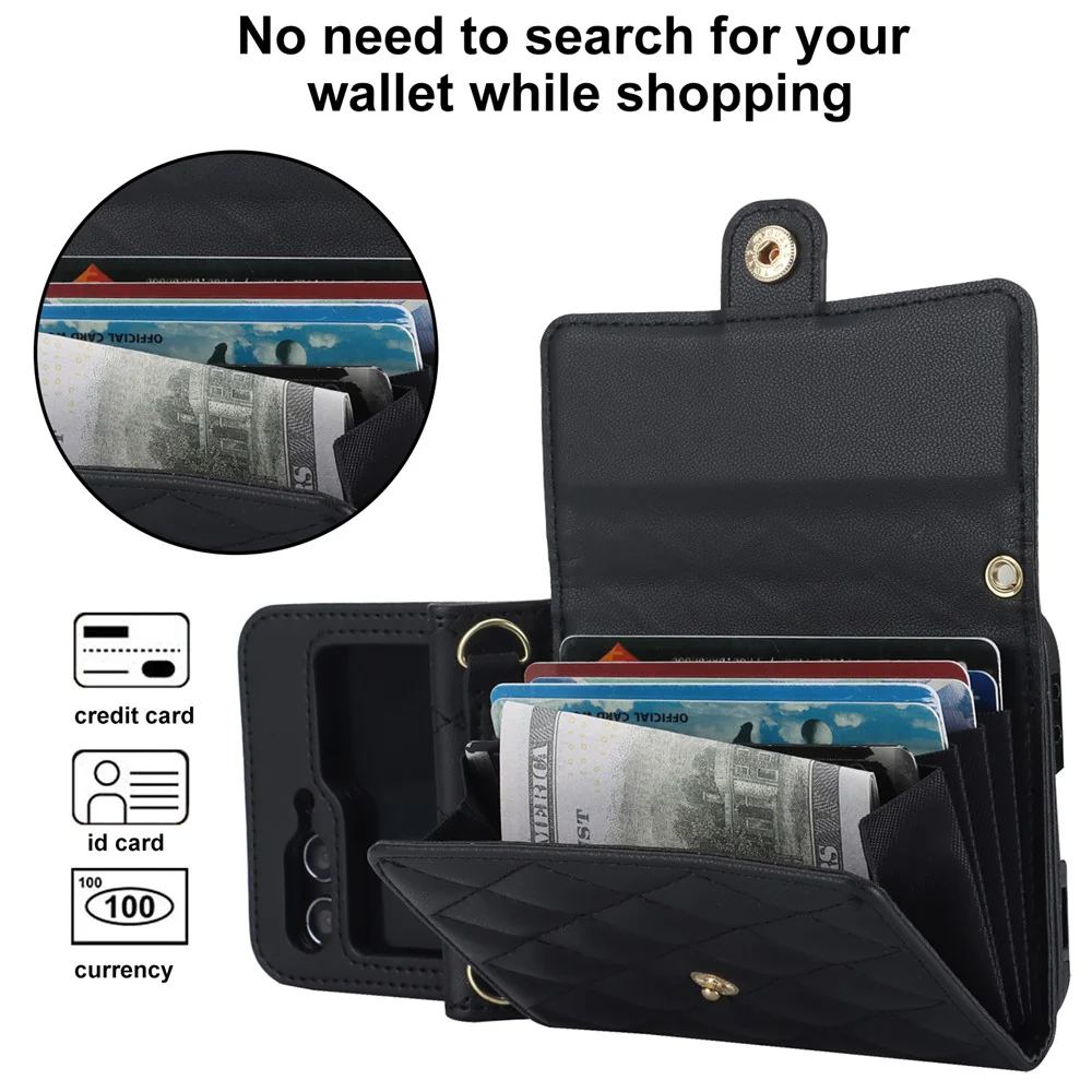 ZD 03 for Samsung Galaxy Z Flip7 FE 5G / Z Flip6 5G Case Bag Design PU Leather Crossbody Phone Cover RFID Blocking - Black - Image 5