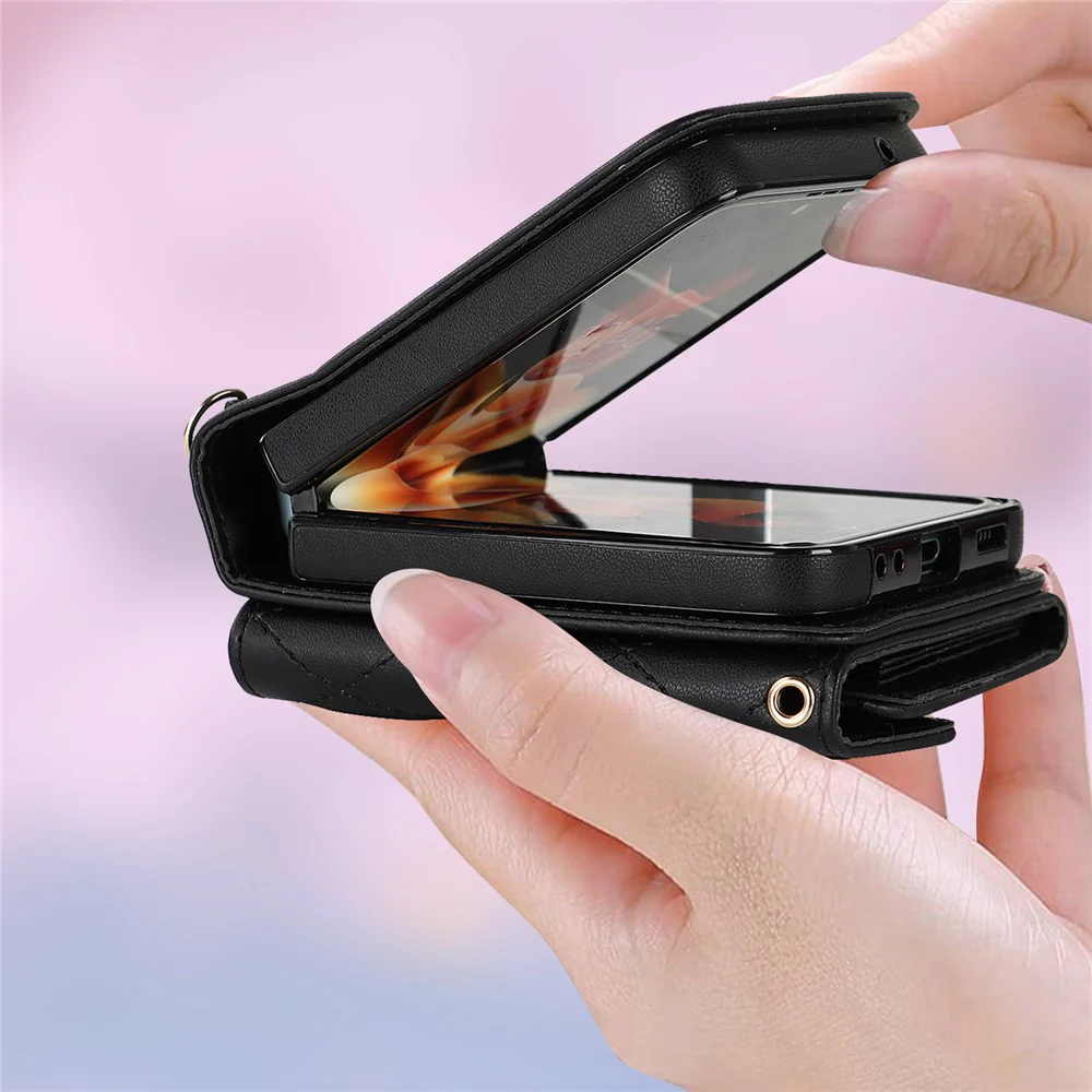 ZD 03 for Samsung Galaxy Z Flip7 FE 5G / Z Flip6 5G Case Bag Design PU Leather Crossbody Phone Cover RFID Blocking - Black - Image 6
