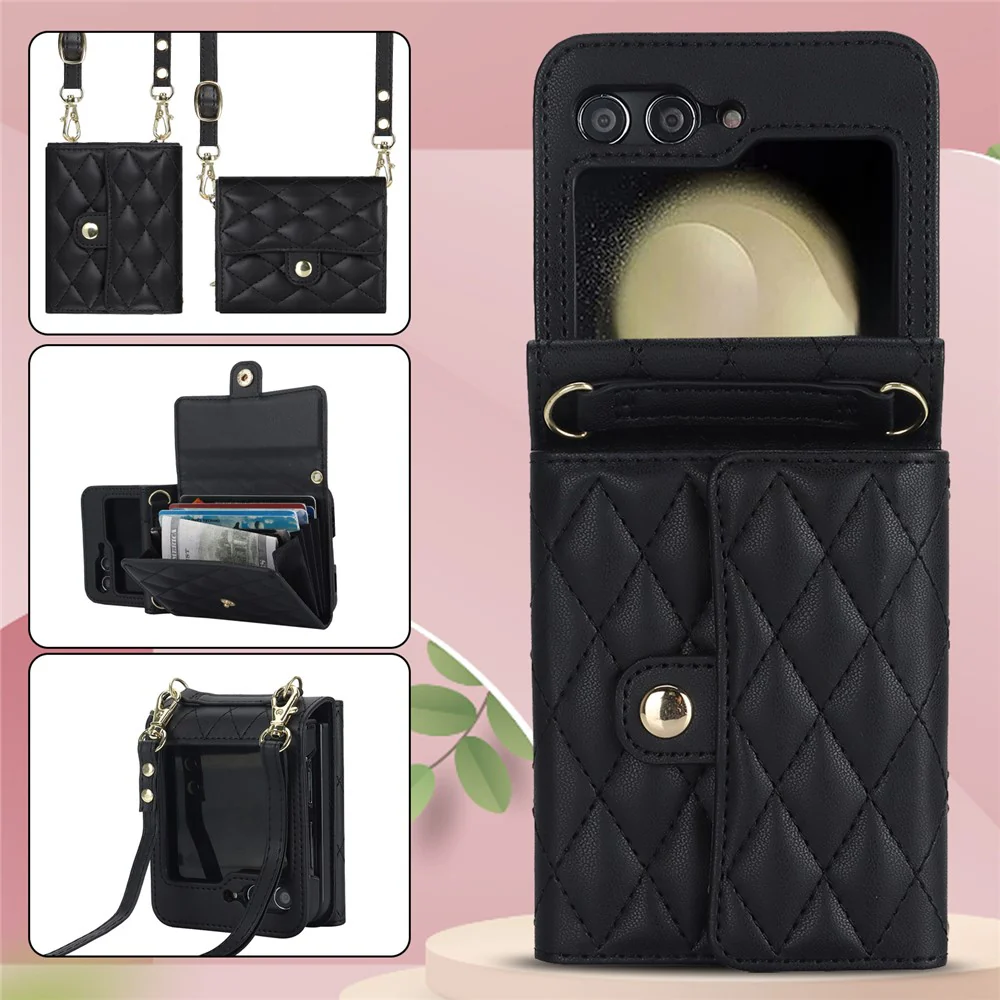 ZD 03 for Samsung Galaxy Z Flip7 FE 5G / Z Flip6 5G Case Bag Design PU Leather Crossbody Phone Cover RFID Blocking - Black - Image 7