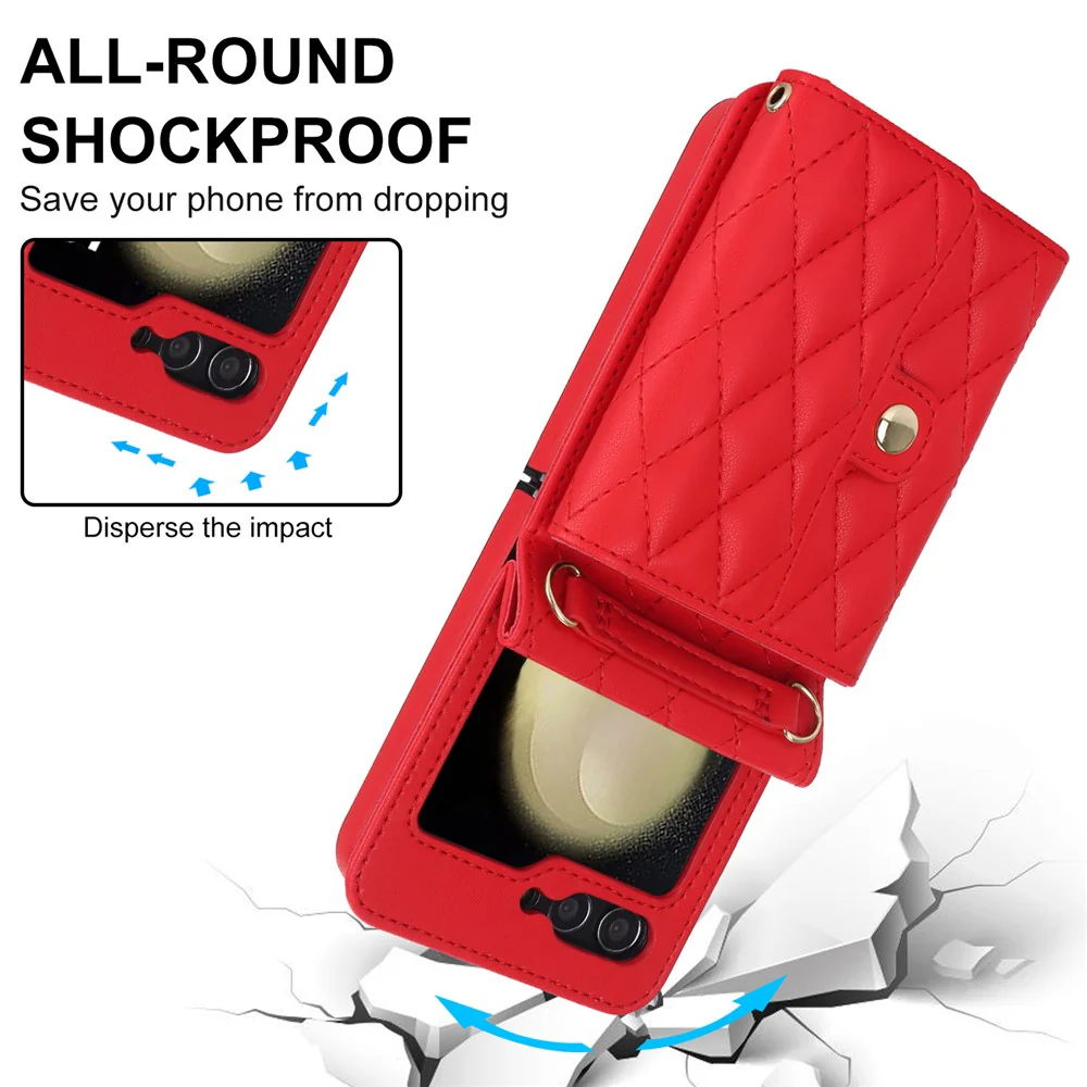 ZD 03 for Samsung Galaxy Z Flip7 FE 5G / Z Flip6 5G Case Bag Design PU Leather Crossbody Phone Cover RFID Blocking - Red - Image 3