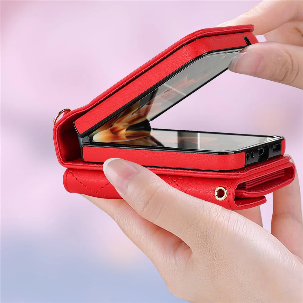 ZD 03 for Samsung Galaxy Z Flip7 FE 5G / Z Flip6 5G Case Bag Design PU Leather Crossbody Phone Cover RFID Blocking - Red - Image 6