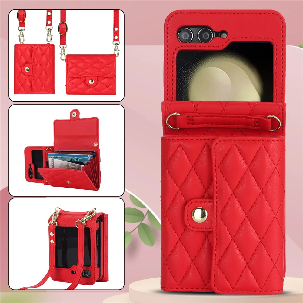 ZD 03 for Samsung Galaxy Z Flip7 FE 5G / Z Flip6 5G Case Bag Design PU Leather Crossbody Phone Cover RFID Blocking - Red - Image 7