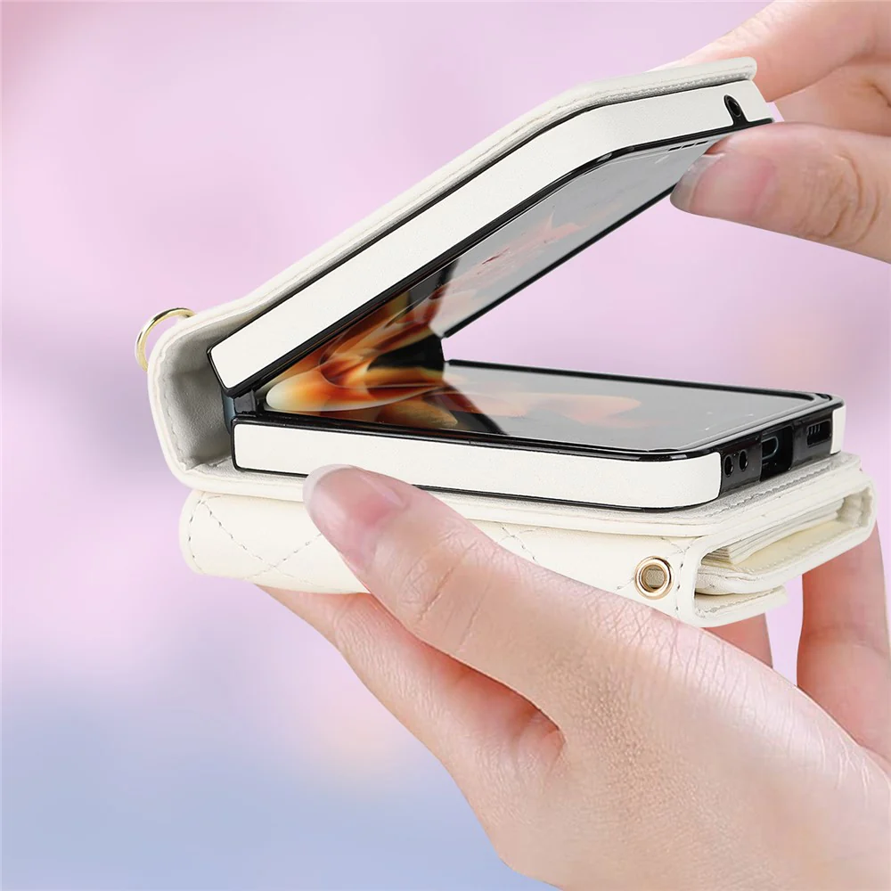 ZD 03 for Samsung Galaxy Z Flip7 FE 5G / Z Flip6 5G Case Bag Design PU Leather Crossbody Phone Cover RFID Blocking - White - Image 6