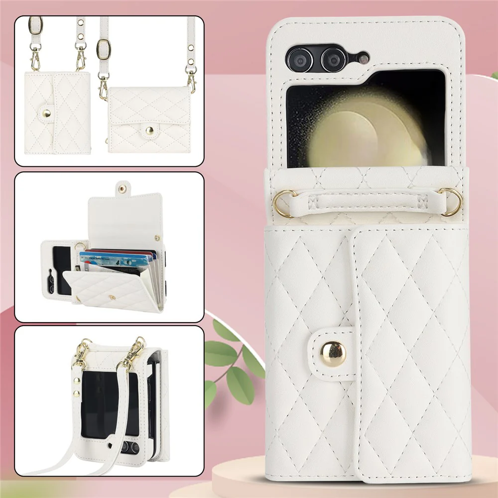 ZD 03 for Samsung Galaxy Z Flip7 FE 5G / Z Flip6 5G Case Bag Design PU Leather Crossbody Phone Cover RFID Blocking - White - Image 7