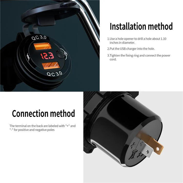 ZH-1427A2 Waterproof QC3.0 Fast Charging Plug Adapter Dual USB Port Car Charger with Digital Display Screen - Image 6