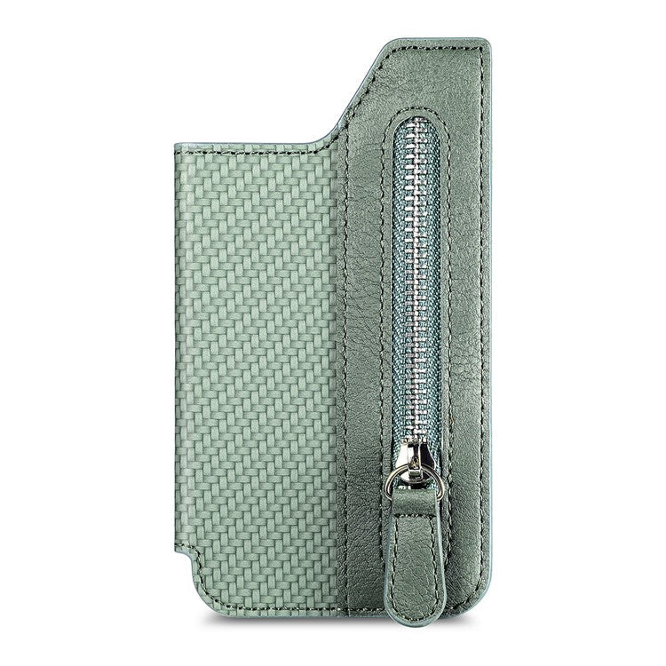 Zipper Card Holder Bag Kickstand Carbon Fiber Texture Leather Zipper Wallet - Green - Image 2