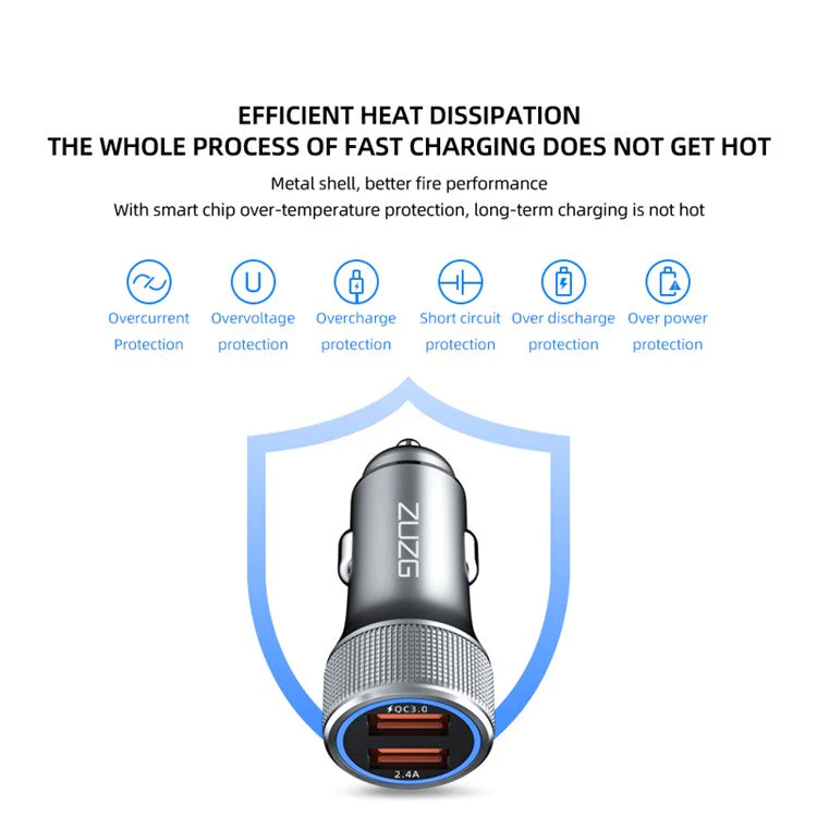 ZUZG ZC-C02QS Dual USB Car Charger ABS+Aluminum Alloy Phone Fast Charging Adapter - Grey - Image 4